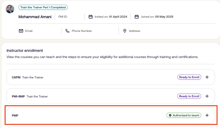 صفحه مدرس در سامانه PMI: مجوز تدریس PMP (Authorized to teach)